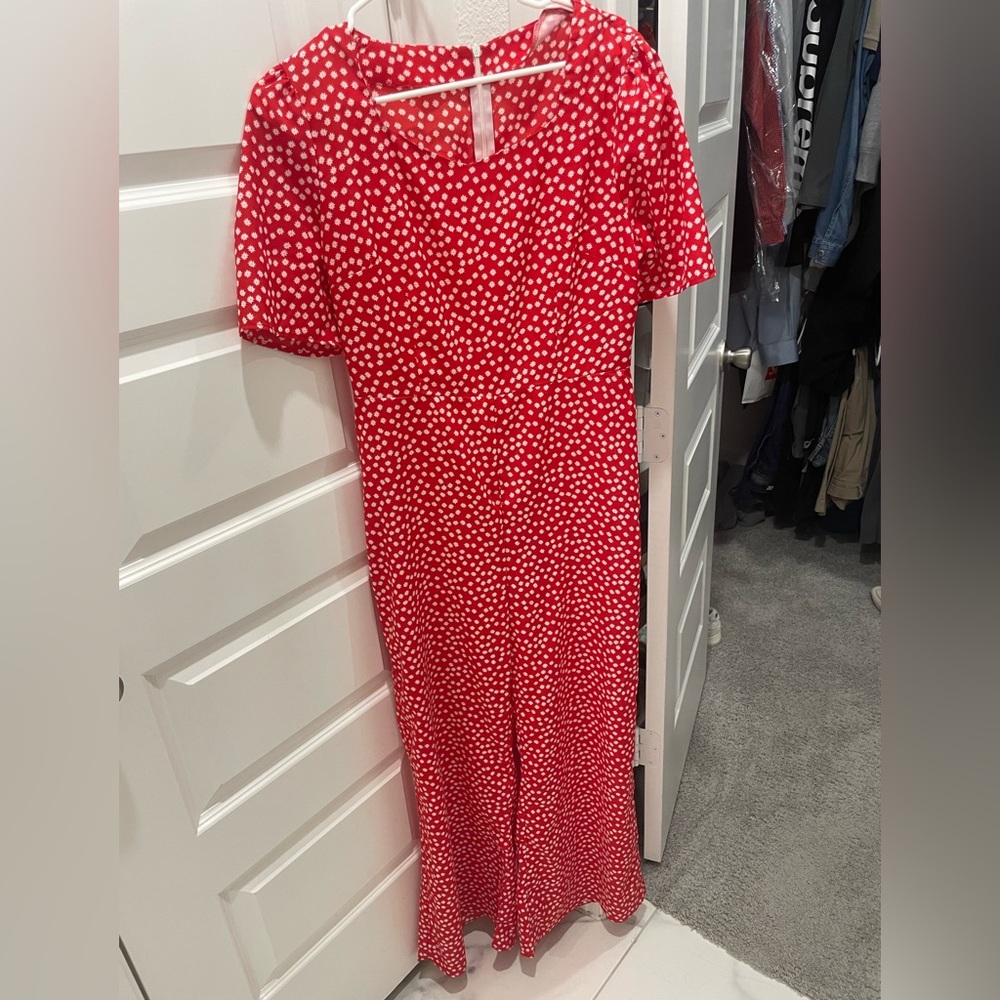 Red Romper with white small flowers